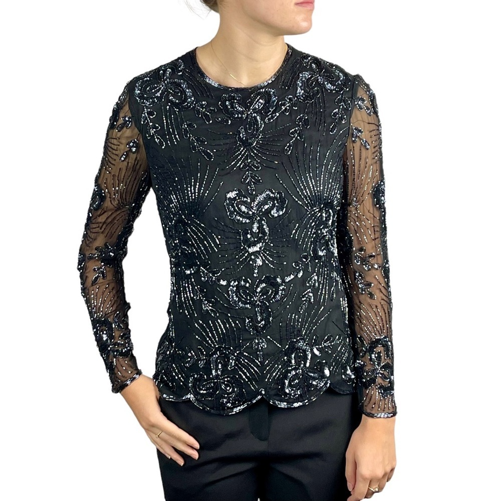 STENAY VINTAGE SILK EMBELLISHED BEAD SHEER SLEEVE SCALLOP HOLIDAY EVENING BLOUSE